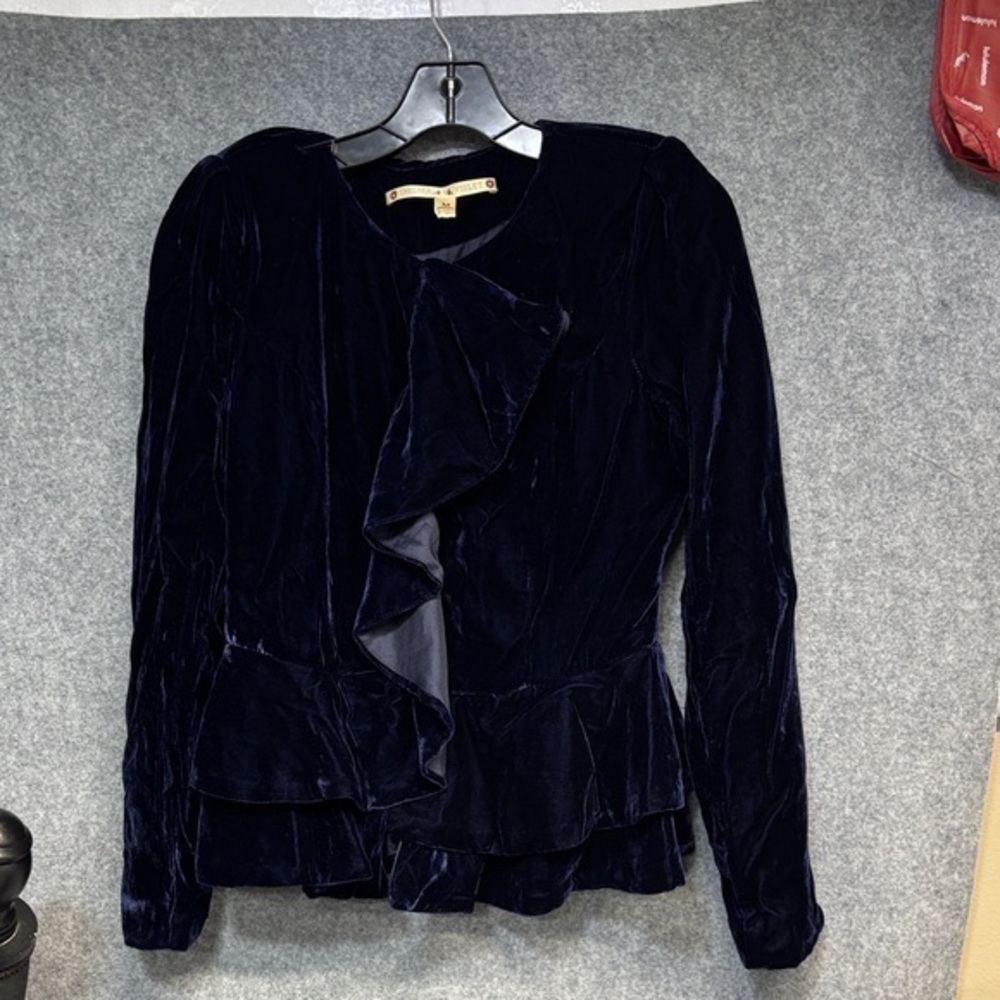 Chelsea & Violet deep purple blue full snap up lined velvet looking top M
